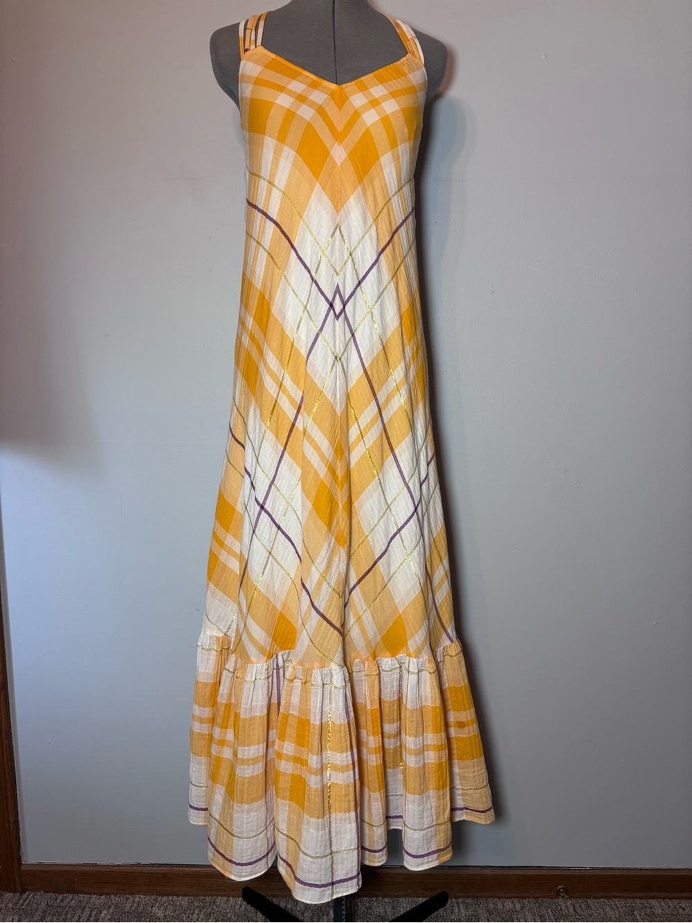 Anthropologie HOLDING HORSES Yellow and Cream Plaid Maxi - size XS
